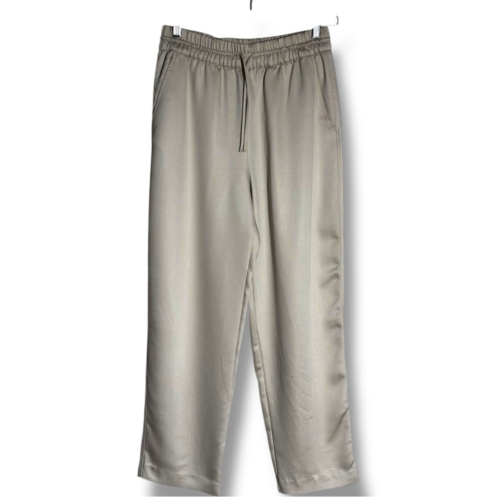 H&M Beige/Cream Soft Comfy High Drawstring Waist Satin Cropped Trousers - Picture 3 of 13
